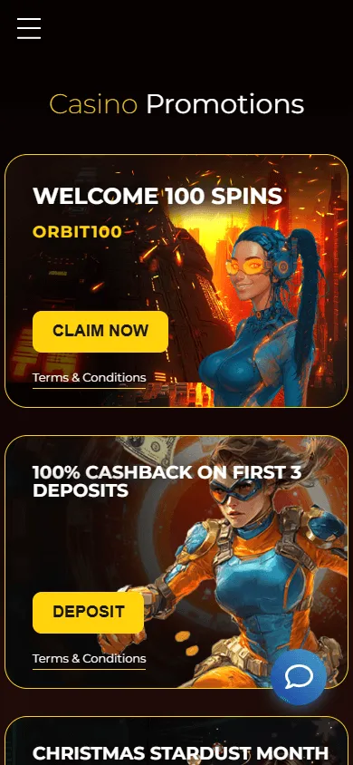 Orbit Spins Casino promotions area displayed in a mobile browser