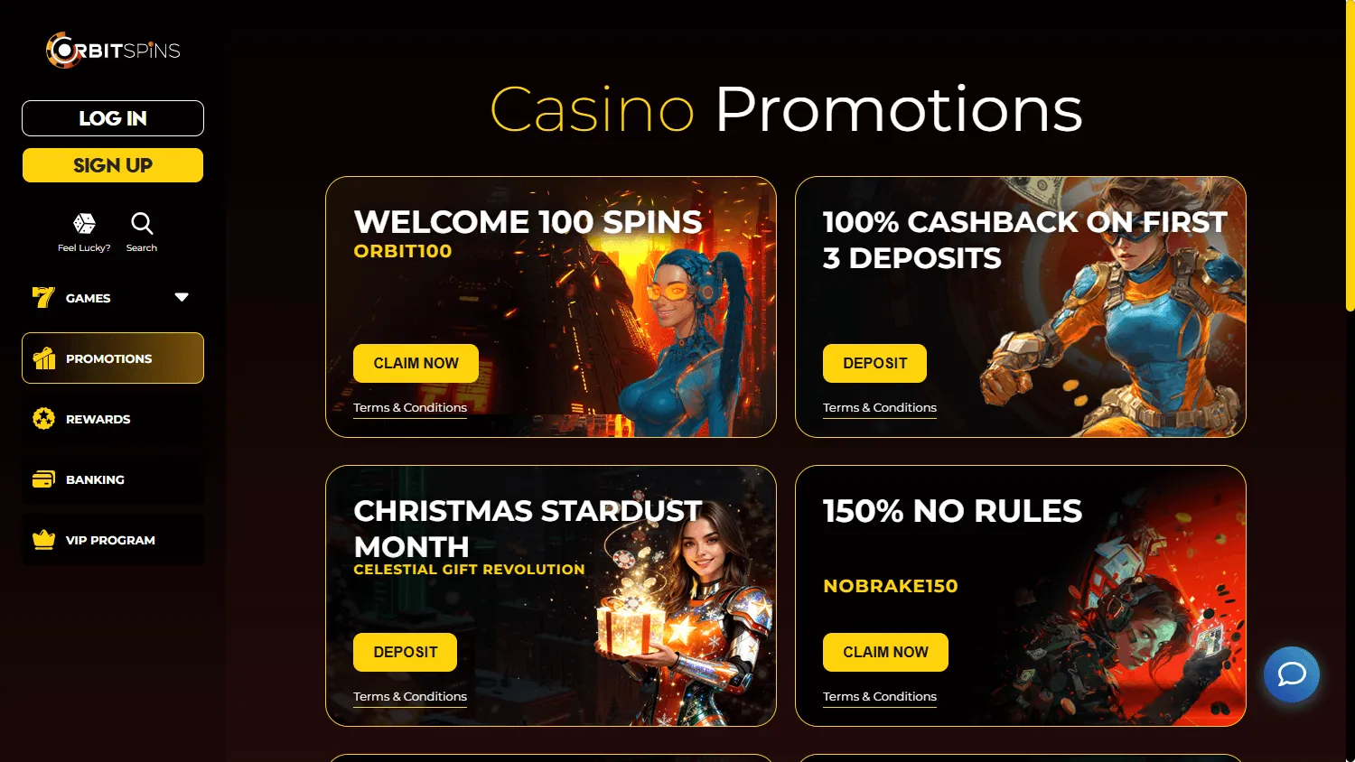 Orbit Spins Casino desktop promotions area with welcome bonuses and free spins