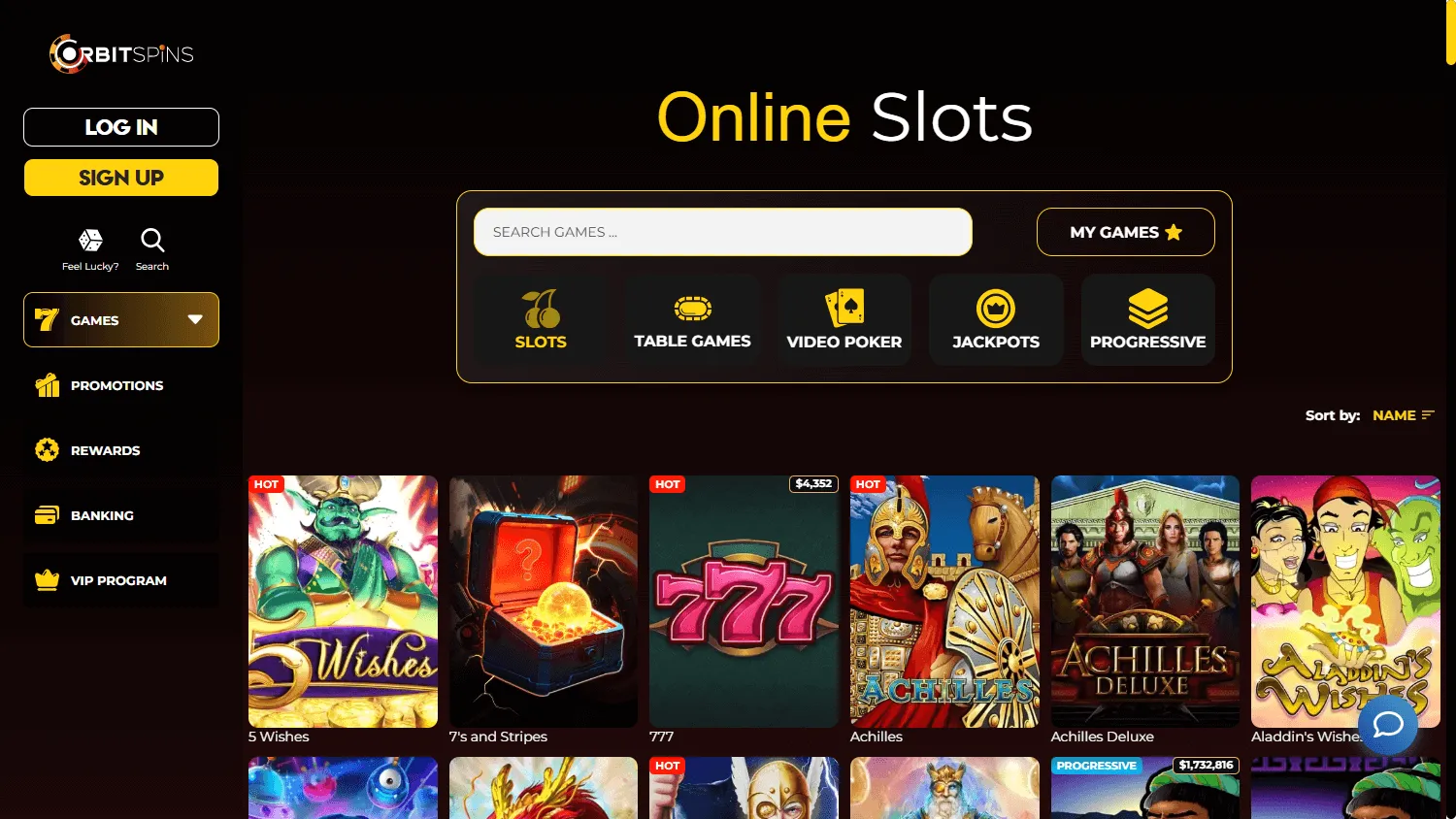 Orbit Spins Casino desktop games area with casino categories and titles