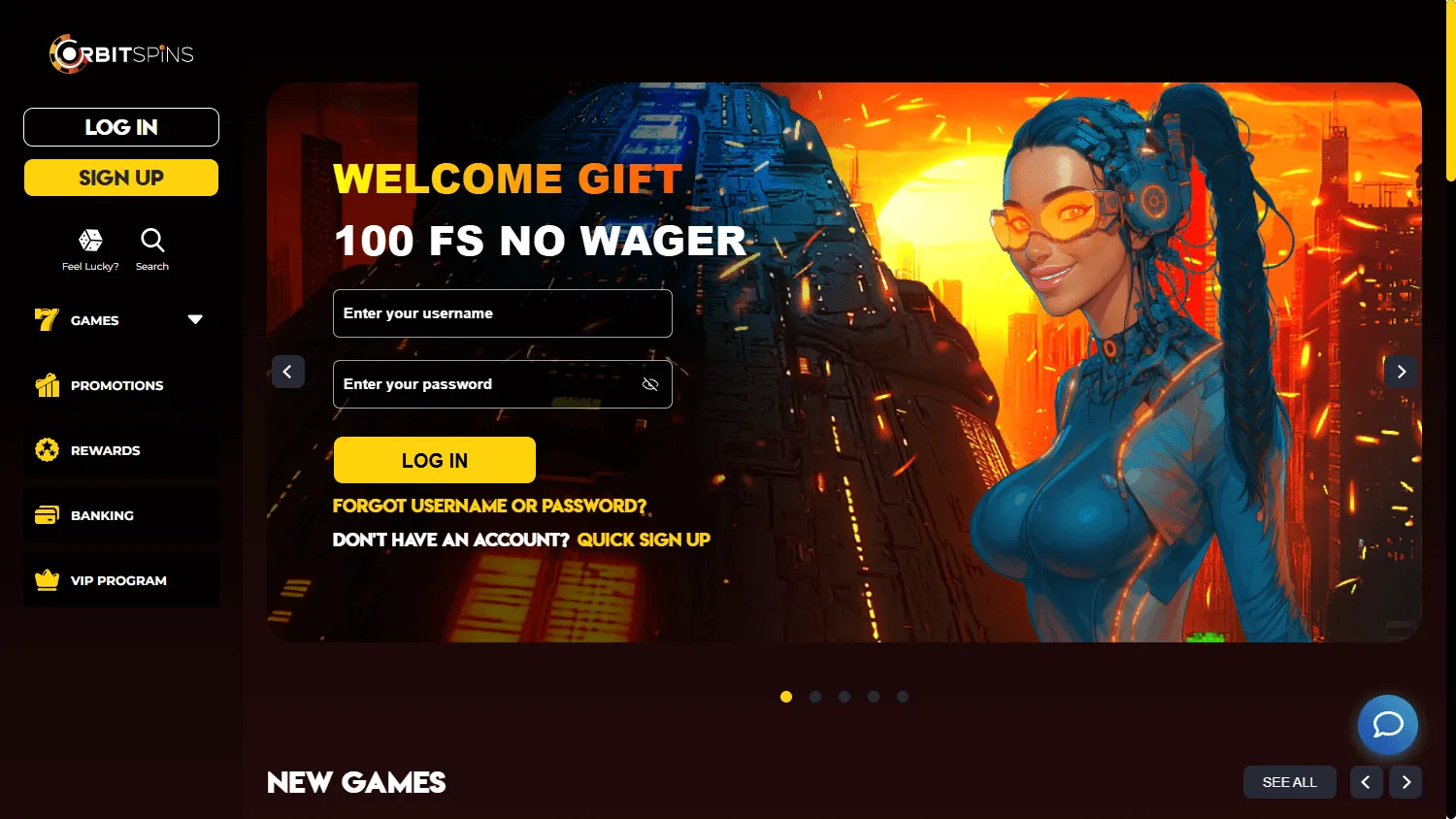 Orbit Spins Casino desktop homepage with welcome offer and casino service information